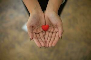 een klein rood hart symboliseert de liefde, vriendelijkheid en vriendschap dat een jong vrouw aanbiedingen naar iemand. concept van gebruik makend van harten net zo een symbool van liefde, vriendschap, vriendelijkheid en medeleven. foto