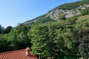 gedeeltelijk visie van een dak tegen de achtergrond van geweldig betoverend bergen - Italiaans Alpen, Aan een zonnig zomer dag foto