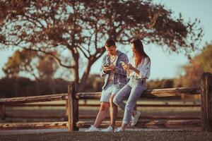 familie van twee in de park Aan zomer dag gebruik makend van smartphone foto