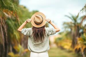 terug visie van vrouw in rietje hoed buitenshuis tussen de palmbomen foto