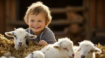kind Aan een boerderij, de vreugde van voeden dieren en begrip de cirkel van leven. generatief ai foto