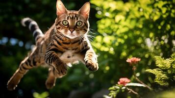 bruin Bengalen kat, springend in midden - lucht naar vangst een fladderend vlinder in een tuin. generatief ai foto
