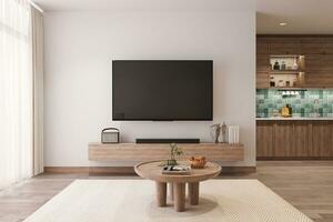 zwart slim TV Aan de wit muur met TV paneel achter koffie tafel, rustiek stijl mat, daglicht 3d renderen foto