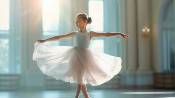 meisje beoefenen ballet, de elegantie en discipline evident in elke bevallig Actie. generatief ai foto