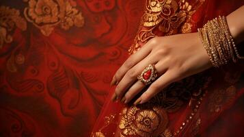 boeiend banier weergeven een vrouw hand- met ingewikkeld henna- ontwerpen, Holding etnisch sieraden tegen een zijde achtergrond. generatief ai foto