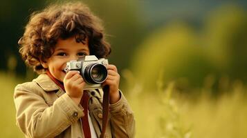 kind met een camera, vastleggen momenten, een ontluikend fotograaf met een oog voor detail. generatief ai foto