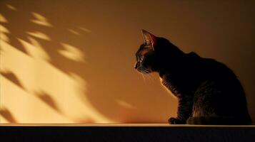 een van katten schaduw geprojecteerd Aan een muur, verlichte door kaarslicht, creëren een mysterieus silhouet. generatief ai foto