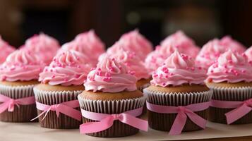heerlijk cupcakes met roze botercrème Aan tafel, detailopname foto