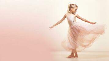 kind in een ballet houding, de delicaat genade van haar bewegingen gespiegeld door haar vloeiende jurk. generatief ai foto