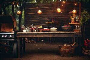 ai gegenereerd een dining tafel met steak en barbecue en groenten reeks tegen een backdrop van een wijnoogst houten muur is doet denken aan van de platteland. foto