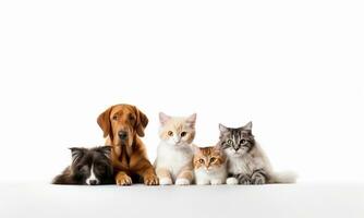 ai gegenereerd backdrop met afbeeldingen van schattig huisdieren, puppy's en kittens zittend samen Aan een wit achtergrond. foto