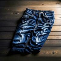 blauw jeans Aan een houten tafel foto