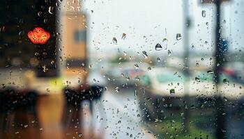 regen laten vallen Aan venster glas van koffie winkel en wazig stad leven achtergrond foto