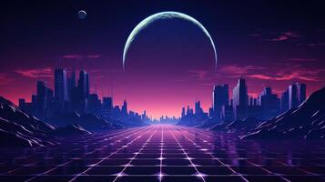 generatief ai, 80s retro futuristische scifi., nostalgisch jaren 90. nacht en zonsondergang neon kleuren, cyberpunk wijnoogst illustratie. zon, bergen en handpalmen. opnieuw magnetron vj videogame landschap.. foto