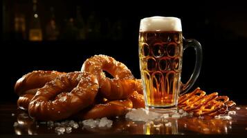 oktoberfeest bier en pretzels Aan een houten tafel foto