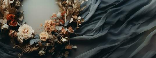 generatief ai, elegant herfst rustiek krans dichtbij omhoog, esthetisch gedempt kleuren foto