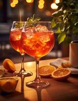 foto van sommige aperol spritz drinken elegant geplateerd Aan een tafel. generatief ai