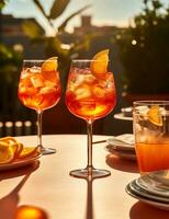 foto van sommige aperol spritz drinken elegant geplateerd Aan een tafel. generatief ai