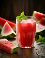 foto van sommige watermeloen sap drinken elegant geplateerd Aan een tafel. generatief ai
