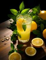 foto van sommige yuzu citrus drinken drinken elegant geplateerd Aan een tafel. generatief ai