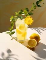 foto van sommige yuzu citrus drinken drinken elegant geplateerd Aan een tafel. generatief ai
