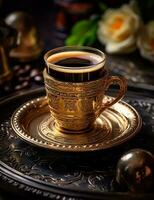 foto van sommige Turks koffie drinken elegant geplateerd Aan een tafel. generatief ai