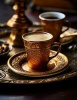 foto van sommige Turks koffie drinken elegant geplateerd Aan een tafel. generatief ai