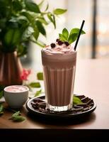 foto van sommige milkshake drinken elegant geplateerd Aan een tafel. generatief ai