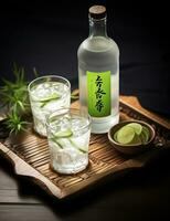 foto van sommige Koreaans soju drinken elegant geplateerd Aan een tafel. generatief ai