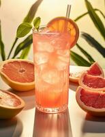 foto van sommige grapefruit spritzer drinken elegant geplateerd Aan een tafel. generatief ai