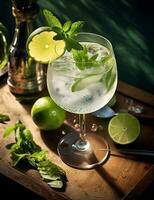 foto van sommige gin en tonic drinken elegant geplateerd Aan een tafel. generatief ai