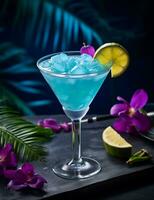 foto van sommige blauw lagune cocktail drinken elegant geplateerd Aan een tafel. generatief ai