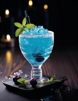 foto van sommige blauw lagune cocktail drinken elegant geplateerd Aan een tafel. generatief ai