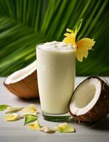 foto van sommige kokosnoot pina colada smoothie drinken elegant geplateerd Aan een tafel. generatief ai