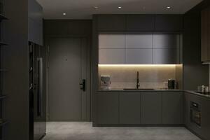 zwartachtig interieur idee in Open keuken, gebruiksvoorwerpen, LED verlichting, 3d renderen foto