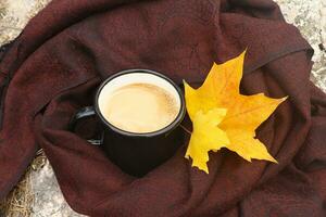 heet melk koffie in glazuur zwart mok verpakt in bruin sjaal met twee geel esdoorn- bladeren net zo decor. herfst hygge humeur. buitenshuis, picknick, camping, reis, trekking concept. foto