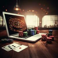 casino online. laptop met roulette chips en spelen kaarten. het gokken Aan de internetten. ai gegenereerd foto