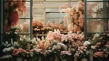 generatief ai, straat bloemen winkel met kleurrijk bloemen, esthetisch gedempt kleuren foto