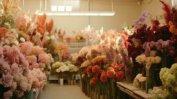 generatief ai, straat bloemen winkel met kleurrijk bloemen, esthetisch gedempt kleuren foto