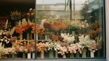 generatief ai, straat bloemen winkel met kleurrijk bloemen, esthetisch gedempt kleuren foto