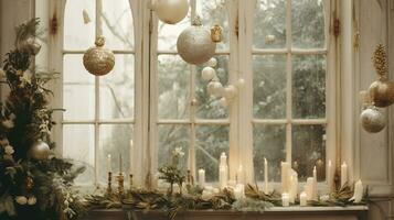 generatief ai, tuin in winter en Kerstmis huis decoratie, gedempt kleuren, vakantie fotorealistisch esthetisch achtergrond foto