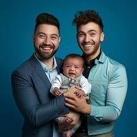 fotorealistisch beeld van twee jong mannen met een kind. adoptie van lgbt koppels, geadopteerd kinderen in hetzelfde geslacht gezinnen. ai gegenereerd foto