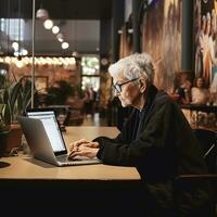 fotorealistisch beeld van een ouderen vrouw werken Bij een laptop. technologie, opleiding voor ouder mensen. ai gegenereerd foto