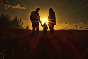 schaduw van gelukkig familie samen, ouders met hun weinig baby Bij zonsondergang. een silhouet van liefde en eenheid. ai generatief foto