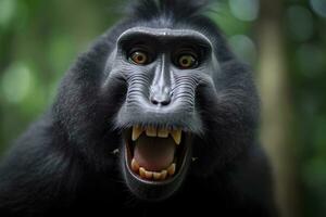 celebes kuif- makaak met Open mond. dichtbij omhoog Aan de groen natuurlijk achtergrond. generatief ai foto