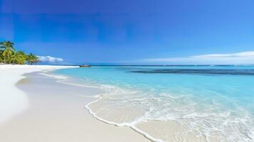 tropisch paradijs strand met wit zand en kristal Doorzichtig blauw water. mooi natuurlijk zomer vakantie vakantie achtergrond. reizen toerisme breed panorama achtergrond concept. ai generatief foto