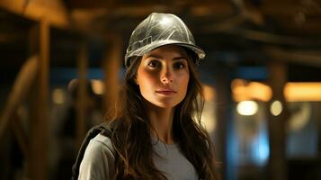 modern vrouw professioneel ingenieur met lang zwart haar, vervelend een veiligheid helm, in de bouw plaats net zo een achtergrond, ai generatief foto