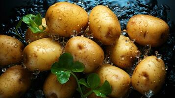 rustiek van boer tot bord stijlvol, ondersteboven visie naadloos achtergrond van vers geoogst aardappelen met glinsterend water druppels Aan hun kakelvers schoffelt, ai generatief foto