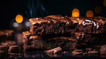 detailopname kant visie van vochtig donker chocola brownies nagerecht, een aanlokkelijk eigengemaakt genot met decadent fudgy textuur, reeks tegen een rijk en donker achtergrond, vochtig voedsel achtergrond, ai generatief foto