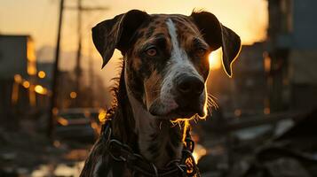 verdwaald hond Aan een beschadigd straat in middag licht - een krachtig beeld voor dier rechten belangenbehartiging, ai generatief foto